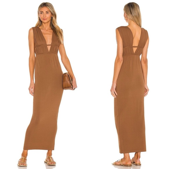 Ronny Kobo Charlie Dress Driftwood Brown Ruched Cutout Jersey Maxi - Picture 3 of 12